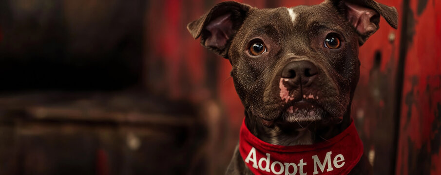 Adorable dog wearing Adopt Me bandana, showcasing hopeful expression. This close up captures dog personality and charm, inviting potential adopters
