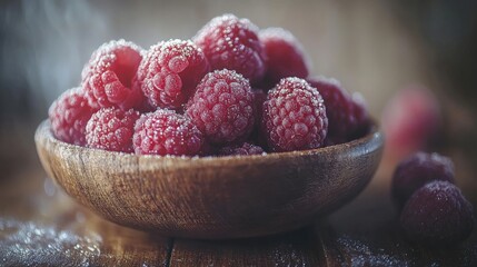 Close-up of fresh raspberries covered in morning dew, piled in a rustic wooden bowl on a natural...