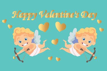 Background with the inscription Happy Valentine's Day. With Cupids and a gold signature.