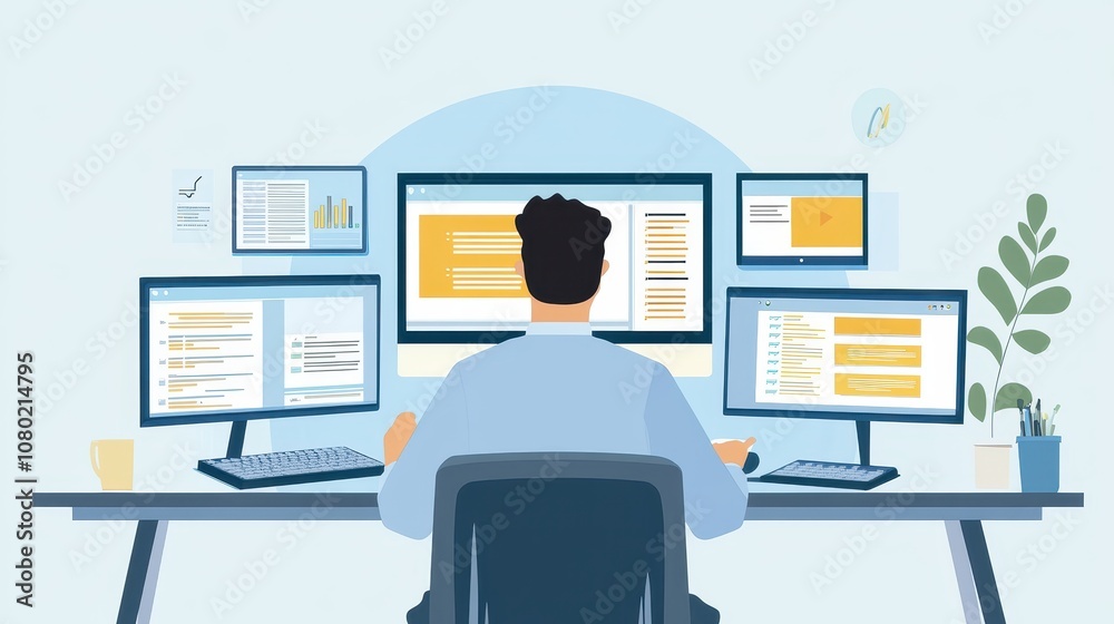 Poster man working at desk with multiple laptops and monitors while copying files in a modern office enviro