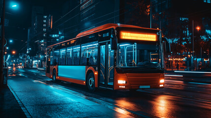 Fototapeta premium Night bus with an advertising banner. White banner on the bus.