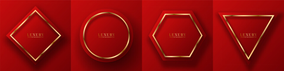 3D red luxury abstract background set. Golden lines decoration on bright space. Geometric shape bundle. Modern graphic design element high quality style concept for web, flyer, card, or brochure cover