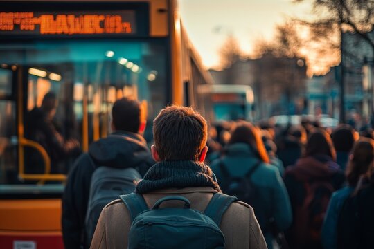 Crowd awaiting bus at city stop  a captivating scene of urban life and daily commuters