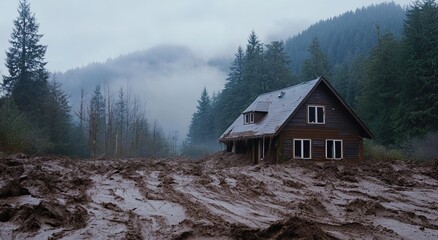 A house is completely buried in mud after an extreme debris flow in the Pacific Northwest forest