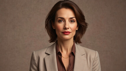 Professional woman with medium-length brown hair wearing a suit, expressing confidence and professionalism.