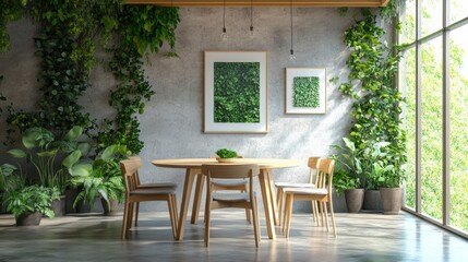 Obraz premium Stylish and botany interior of dining room with design modern home decor. Template.