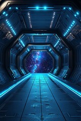 Obraz premium Sleek, futuristic spaceship corridor leading to the vastness of space, glowing with blue lights and stars outside