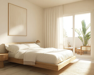 Fototapeta premium Neutral Bedroom with White Wall and Simple Linens for a Calm, Relaxing Space