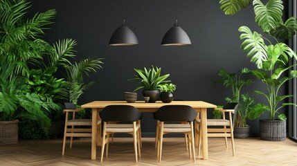 Fototapeta premium Stylish and botany interior of dining room with design modern home decor. Template.