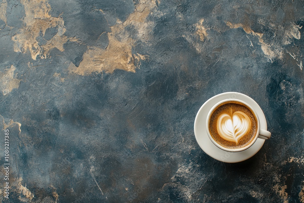Poster a beautifully crafted latte with a heart design on a textured surface.
