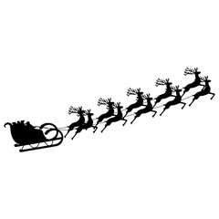 Santa Claus rides reindeer in a sleigh sled. 