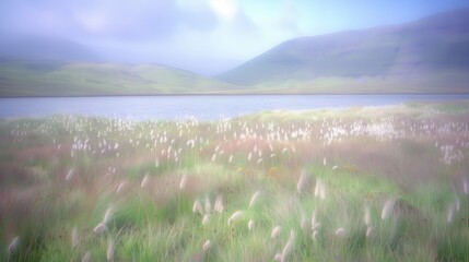 Serene Meadow with Pasque Flowers and Soft Foam Under a Dreamy Sky Illuminated by Fireworks at Dusk, Capturing Nature's Tranquility and Beauty