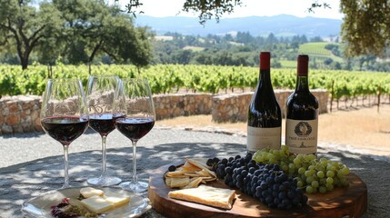 Wine glasses and a bottle next to a plate of juicy grapes and cheese, set outdoors with a scenic vineyard view
