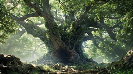 A massive, ancient tree with gnarled branches and exposed roots, standing in a lush forest.