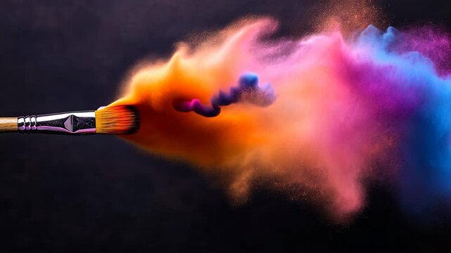 Paintbrush creating colorful powder explosion with hues on black background. Concept of creativity and artistic expression.