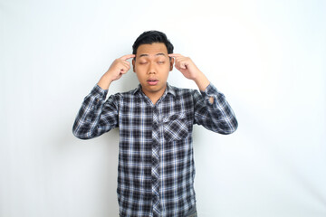 unhealthy asian man coughing feeling unwell isolated on white background wearing casual shirt