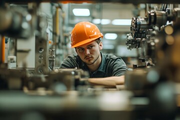 Young technician operating machinery indoors in a factory with an orange hard hat