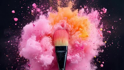 Paintbrush creating colorful powder explosion with hues on black background. Concept of creativity and artistic expression.