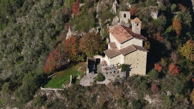 Drone view of the Saint-Pierre church in the old village of Tournefort