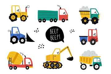 Hand drawn cute cargo cars - Truck, tractor, bulldozer, excavator.  Set of cars in scandinavian style. Cartoon cars vector collection isolated on white background. Childish vehicle t shirt print.