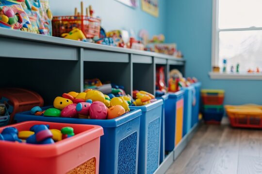 Colorful plastic storage bins organizing toys neatly arranged in a vibrant playroom setting