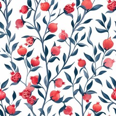 Seamless Minimalist Pomegranate Pattern in Bold Red and Blue Tones, Perfect for Fabric Design and Background Textures, Elegant Floral Motif for Creative Projects