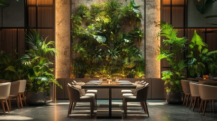 Stylish and botany interior of dining room with design modern home decor. Template.