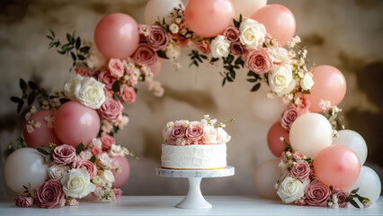 Elegant Floral Cake with Balloon and Rose Arch Decoration