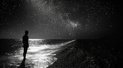 Obraz premium Serene Silhouettes at Shoreline Under a Starry Night Sky, Evoking Feelings of Peace and Tranquility Beneath Celestial Wonders and Ocean Waves