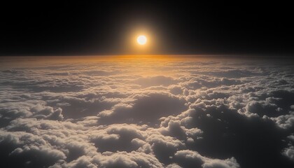 Sunset Above Clouds, Amazing Sunset View From Airplane Window, Glowing Sun And Cloud Landscape