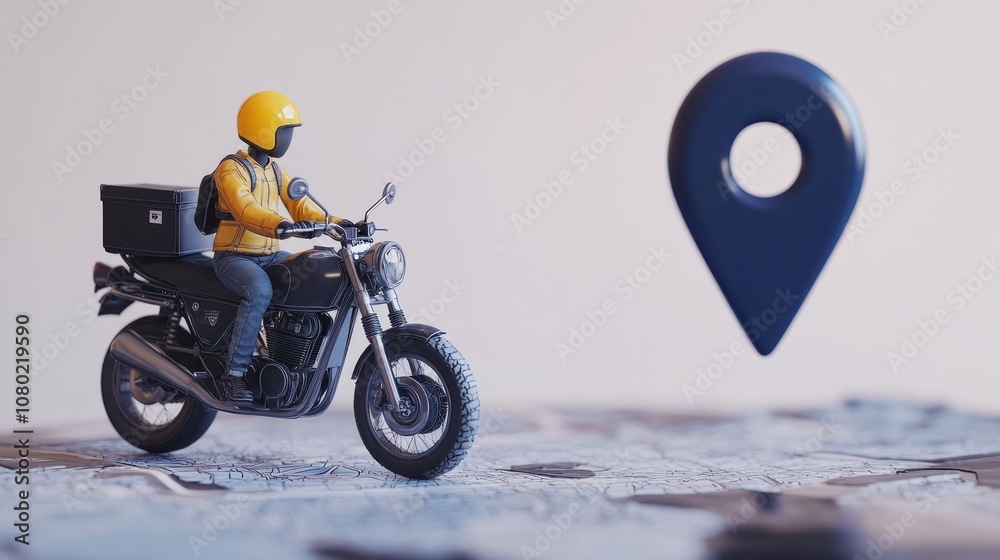 Poster a miniature figure of a motorcyclist on a map with a location pin, symbolizing delivery services.