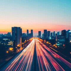 Fototapeta premium Abstract cityscape at dusk with a blend of natural and artificial lighting, high contrast, dynamic colors