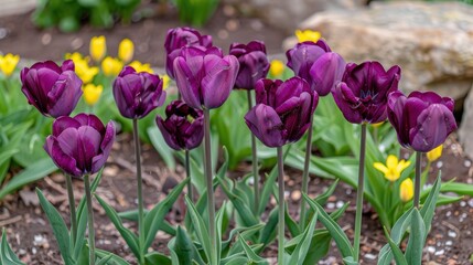 A Captivating Scene of Dark Tulips Glinting Amidst Vibrant Emerald Shoots Surrounded by Graceful Yellow Flowers in a Sunlit Garden
