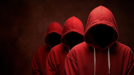 Three red hooded figures, visual exploration of mystery anonymity and secrecy in dramatic setting