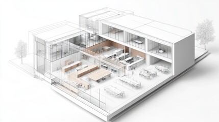 Architectural rendering of a modern, open-concept building design.