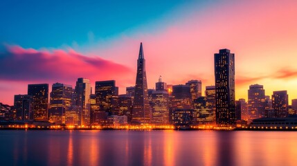 Obraz premium City skyline at twilight with a blend of natural and artificial lighting, high contrast, vibrant colors