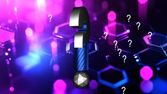 33 seconds of rotating falling metallic gear steampunk question marks on hexagon technology background hd video animation motion graphics screensaver visualizer, curiosity, education