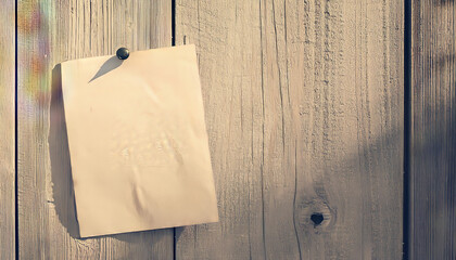 Crumpled blank beige paper note pinned to weathered wooden wall with black push pin creating a rustic background