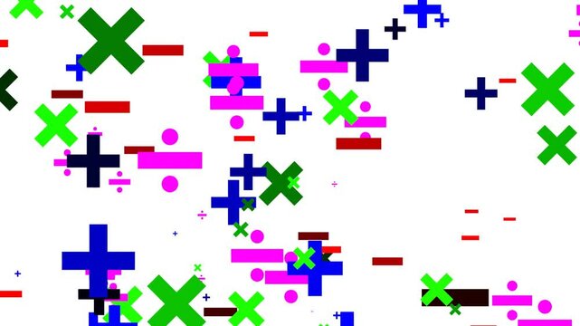 33 seconds of computer generated falling colourful mathematical math operators plus minus multiply divide on white background hd video animation motion graphics screensaver visualizer 