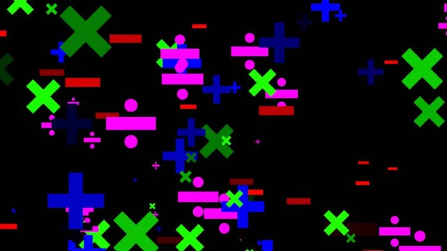 33 seconds of computer generated falling colourful mathematical math operators plus minus multiply divide on black background hd video animation motion graphics screensaver visualizer 