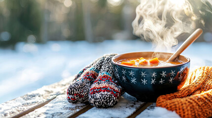 steaming bowl of soup with mittens on snowy table evokes warmth
