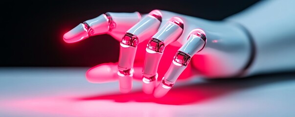 Detailed shot of a robotic hand under harsh artificial lighting, high contrast, cybernetic theme