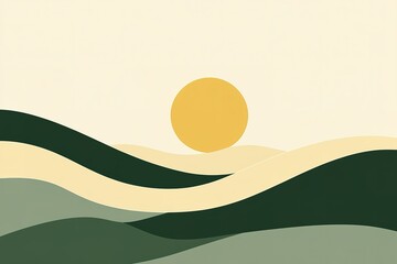 A simple illustration of the sun setting behind an emerald green mountain