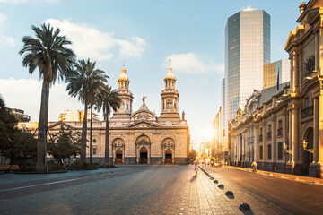 Santiago Metropolitan Cathedral and Plaza de Armas in Santiago, Chile, are beautifully illuminated...