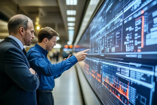 Engineers discuss high speed train schedules and routes in a rail transport logistics meeting