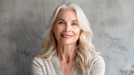 Fototapeta premium A joyful mature woman with beautiful blond hair shares her warm smile in a cozy indoor setting during a sunny afternoon