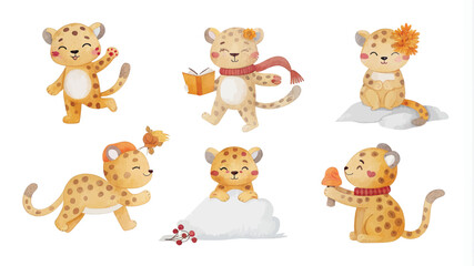 Fototapeta premium Set of cute cartoon cheetah with different emotions. Vector illustration