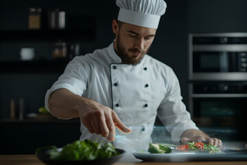 A chef using a holographic recipe display while cooking in a modern kitchen. A chef following holographic cooking instructions.



