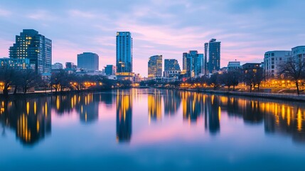 Fototapeta premium High-contrast shot of a city skyline reflecting on a river, intense artificial lighting, dynamic colors