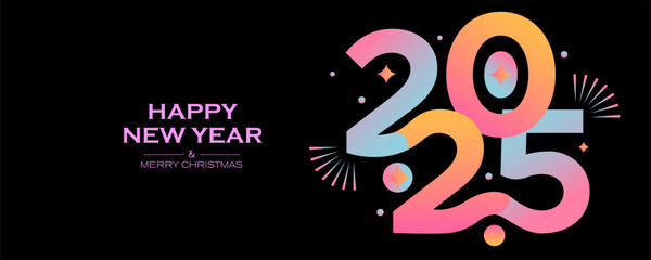 Bright gradient of the year 2025 on a black background. Design for modern horizontal banners and promotional materials with a futuristic aesthetic.